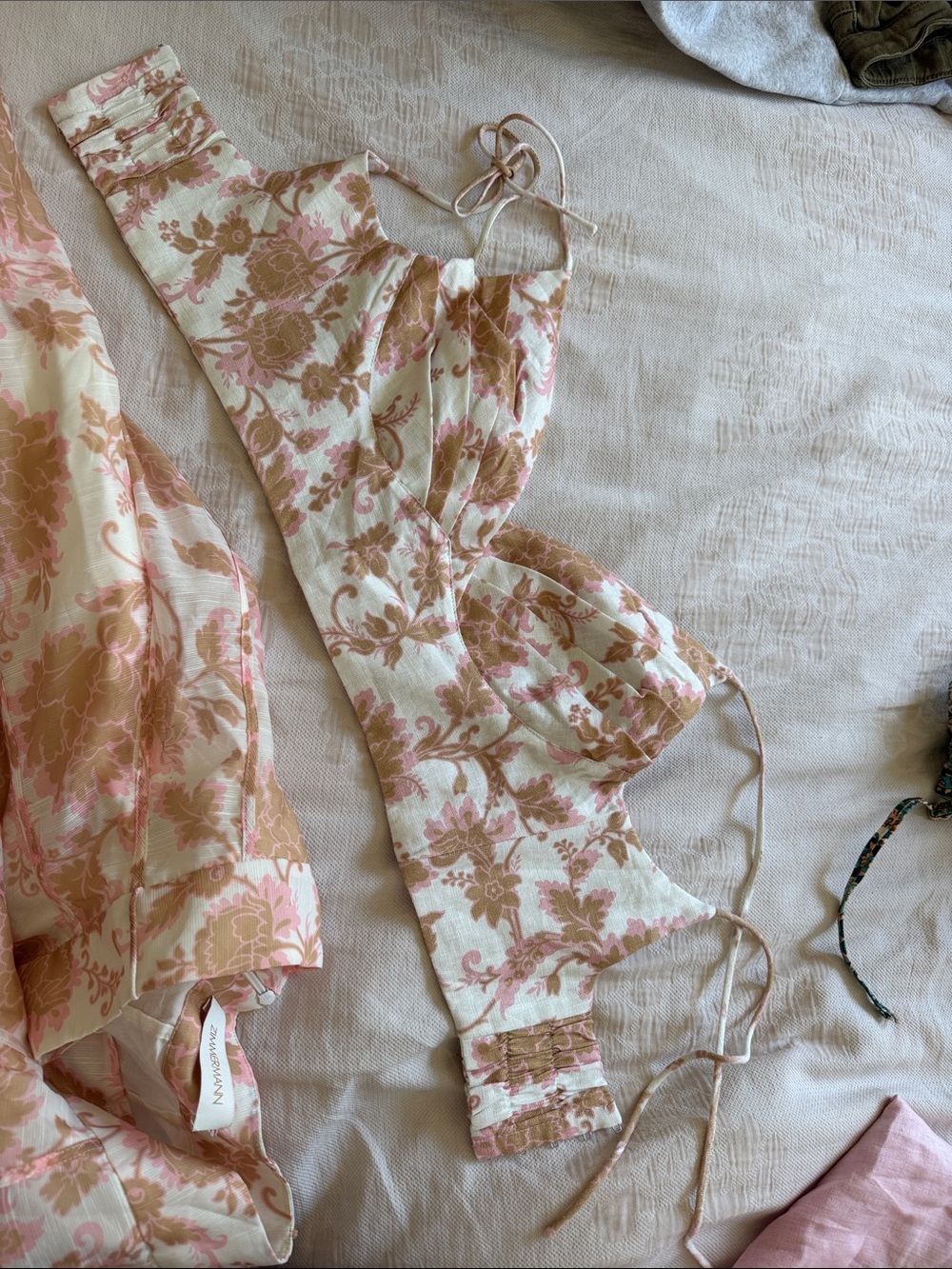 Zimmermann Cream Floral Tie-Shoulder Bustier Top with Pink & Tan Print